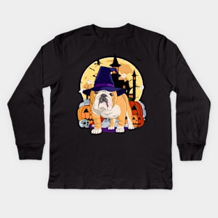 English Bulldog Happy Halloween Witch Pumpkin Kids Long Sleeve T-Shirt